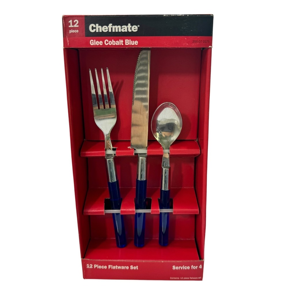 Vintage Chefmate 12 Piece New Replacement Retro Flatware Set Glee Cobalt Blue